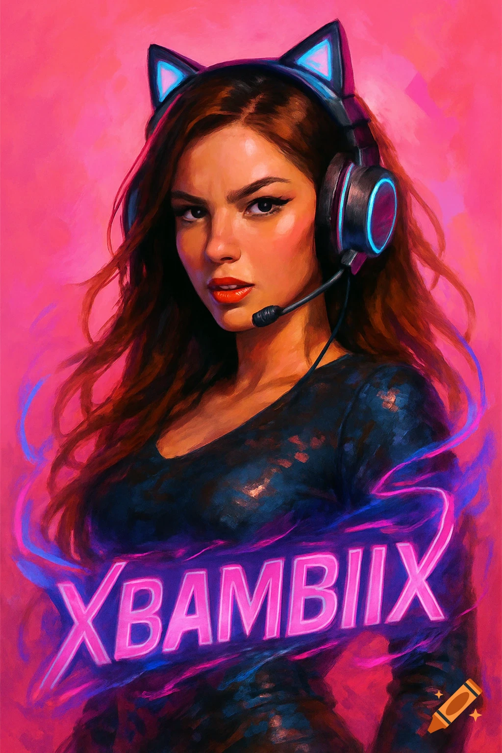 Digital painting of a gamer woman with long brown hair, wearing glowing blue cat-ear headphones and a mic, against a pink background, with 'XBAMBIIX' in neon text.
