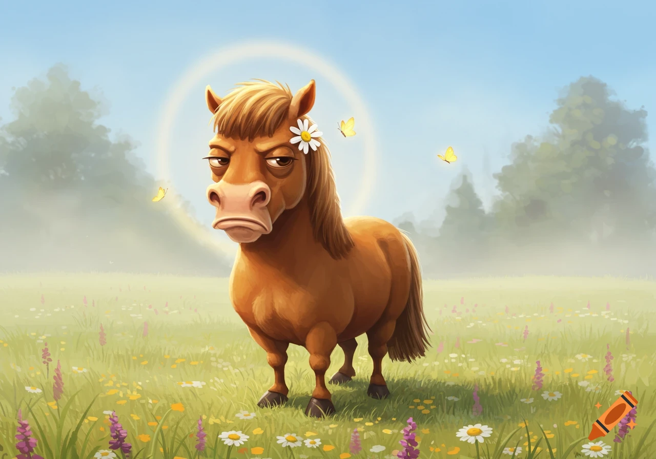 A grumpy cartoon miniature horse with a daisy behind its ear stands in a sunny field with butterflies.