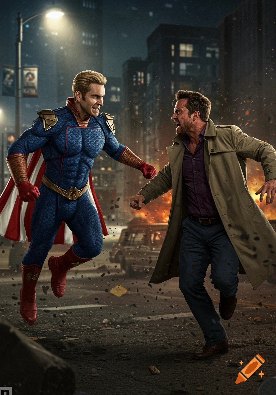 Photorealistic image of Homelander flying towards Billy Butcher, who is lunging forward, in a destroyed city street with debris and fire.