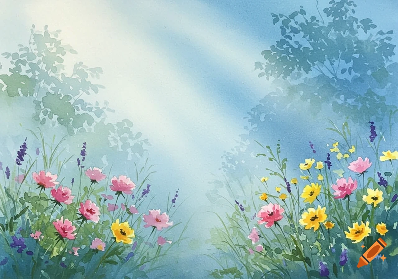 A vibrant watercolor painting of a flower garden with pink, yellow, and purple flowers under a hazy blue sky.