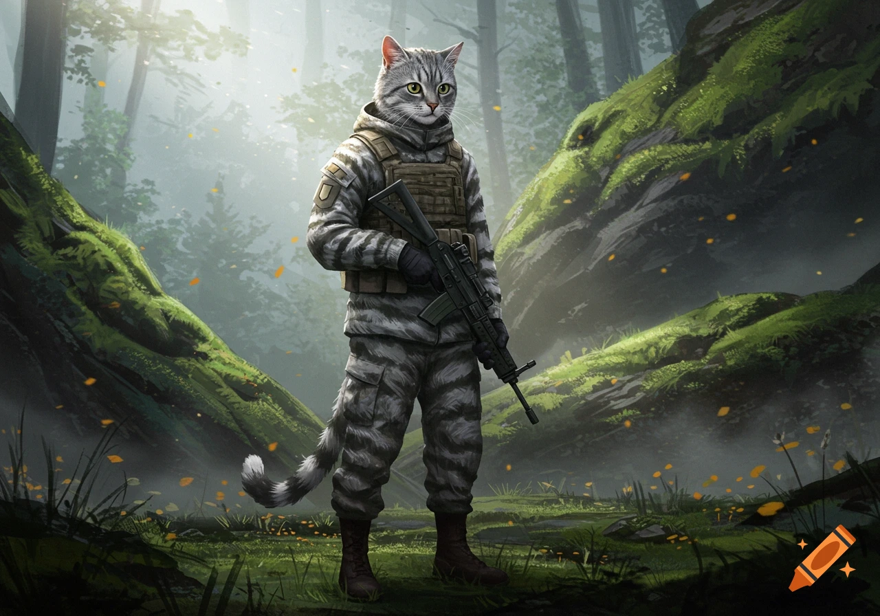 A gray tabby cat dressed in military fatigues and holding a rifle stands in a misty forest, digital art.