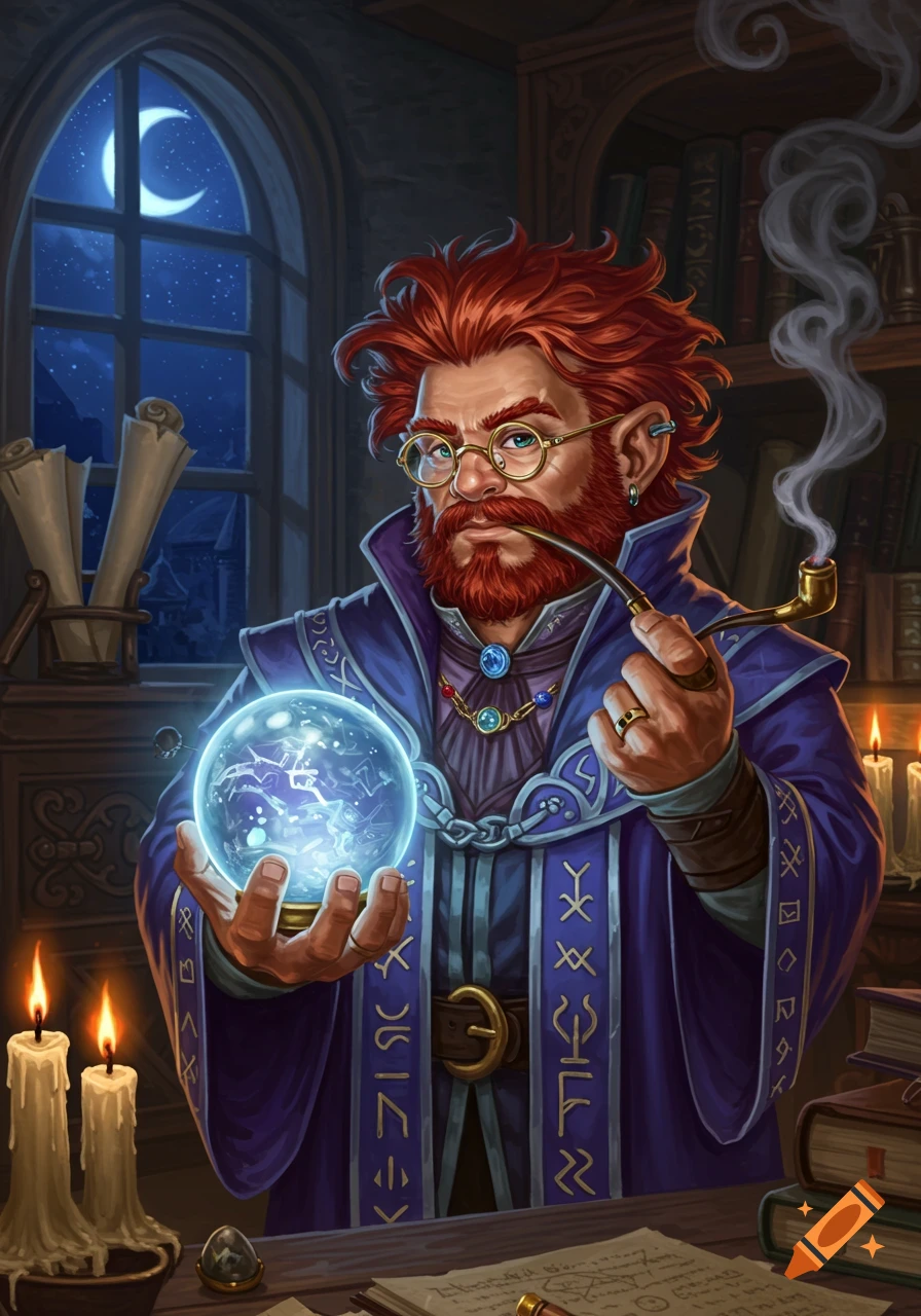 A red-haired wizard with spectacles and a beard, wearing purple robes, holds a glowing crystal ball in a moonlit study.
