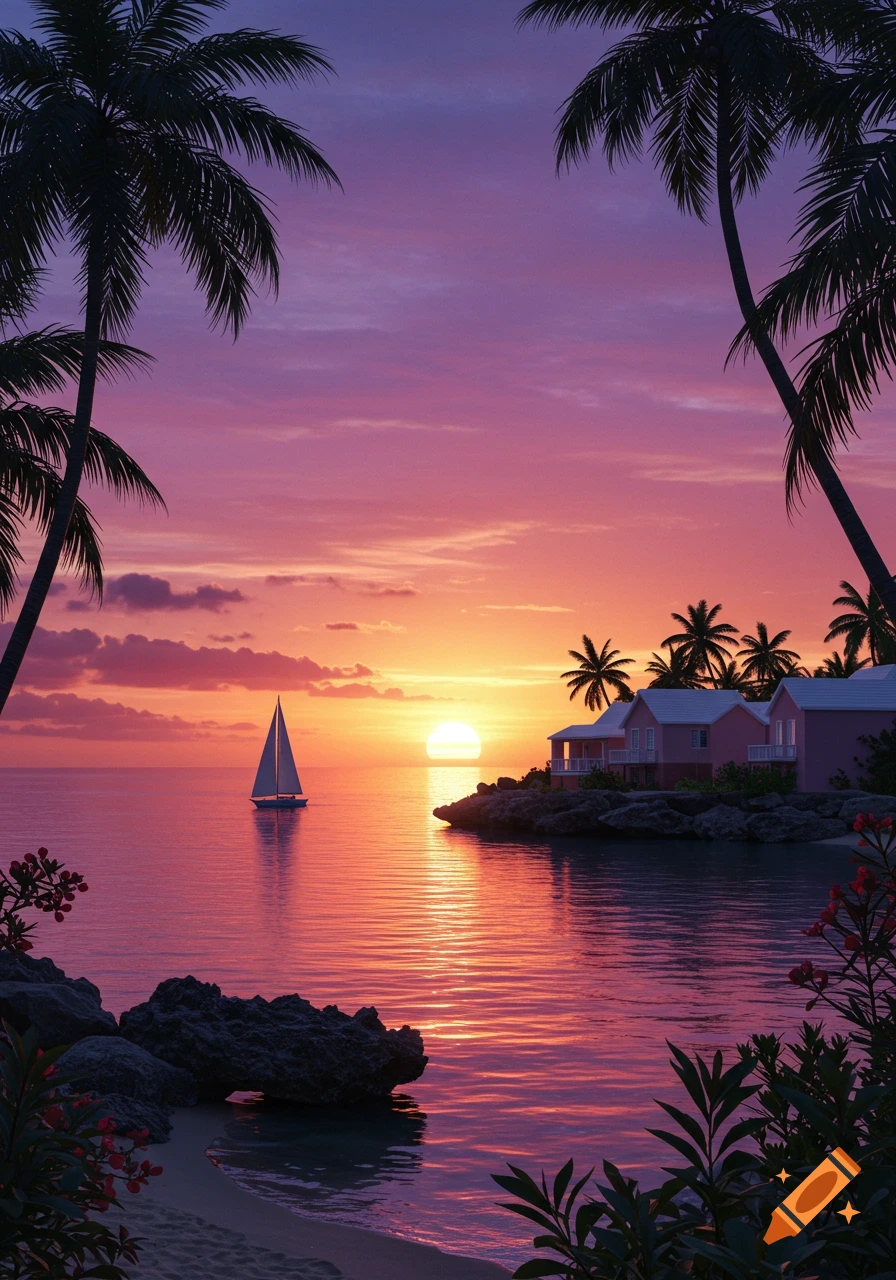 A vibrant tropical sunset over a bay with a sailboat on the water, palm trees, and houses on the shore.