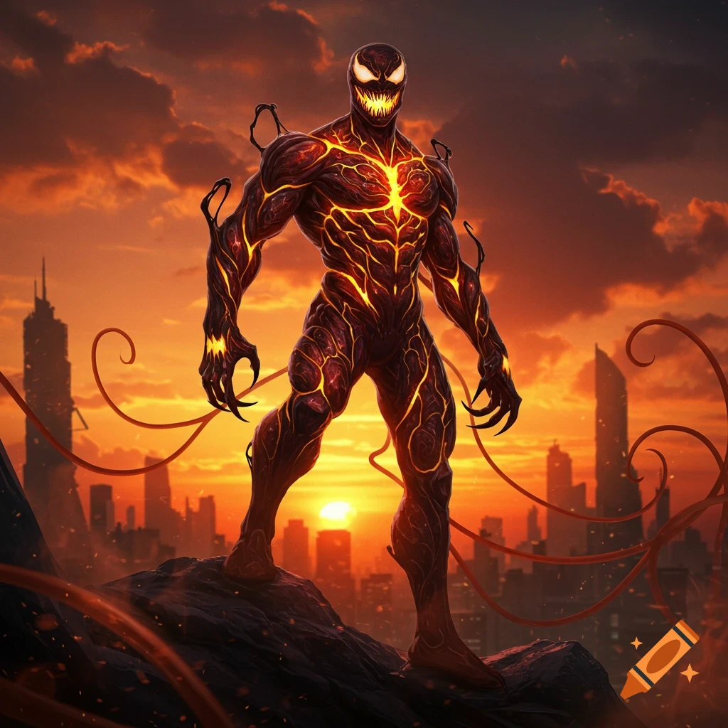 A dark, molten symbiote creature with glowing orange veins and sharp teeth stands on a rock overlooking a cityscape at fiery sunset, comic book style.