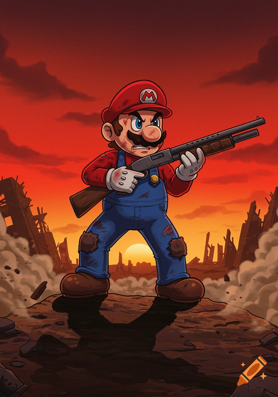 Cartoon illustration of an angry, battle-damaged Mario holding a shotgun, standing in a desolate wasteland at sunset.