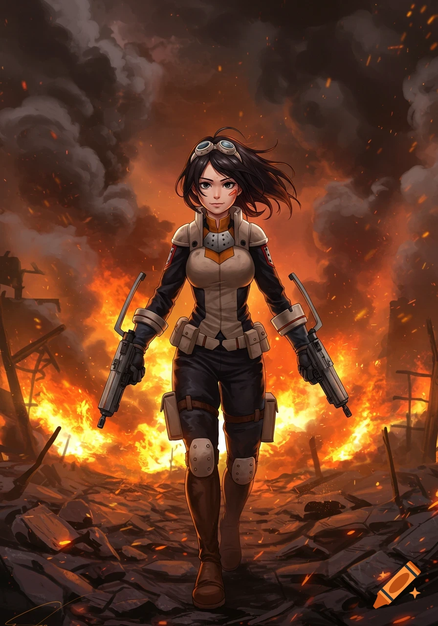 Anime girl in a combat suit with goggles walks through a fiery, smoke-filled, ruined landscape, holding two guns.