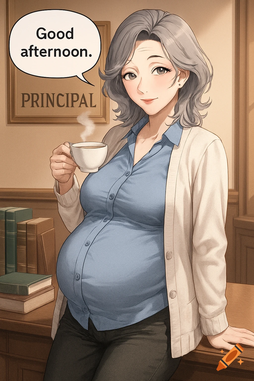 Anime-style pregnant woman with graying hair, holding a teacup and leaning on a principal's office desk, with a speech bubble saying 'Good afternoon.'
