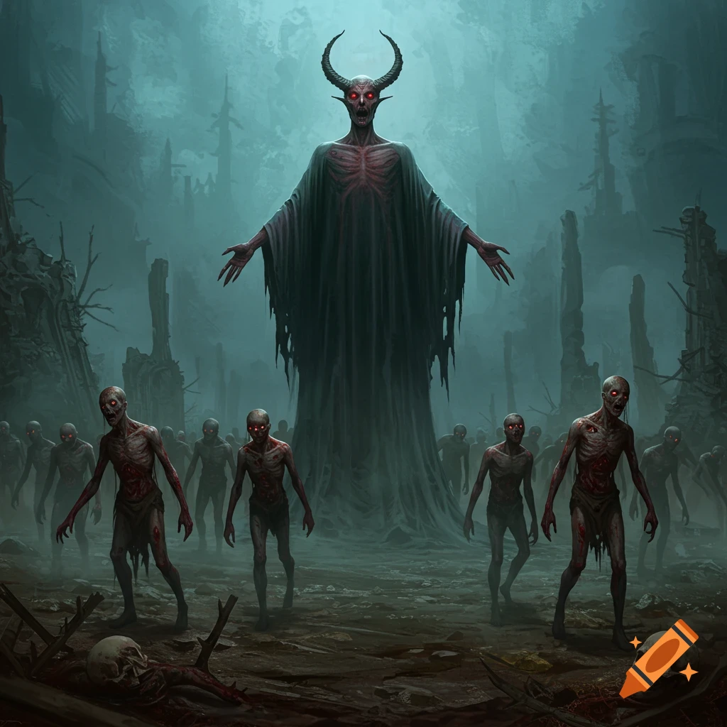 A towering, horned demon with glowing red eyes and a skeletal chest, wearing a dark robe, stands amidst a horde of decaying zombies with glowing red eyes in a desolate, misty wasteland, in the style of Zdzisław Beksiński.