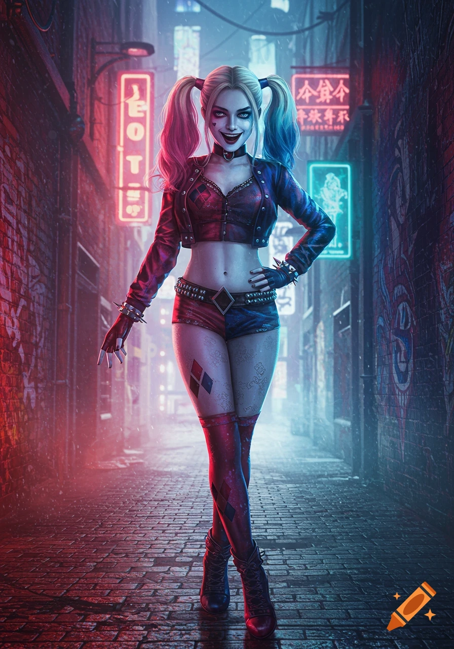 A photorealistic image of Harley Quinn in her red and blue costume with pigtails and a smile, standing in a dark, neon-lit alley.