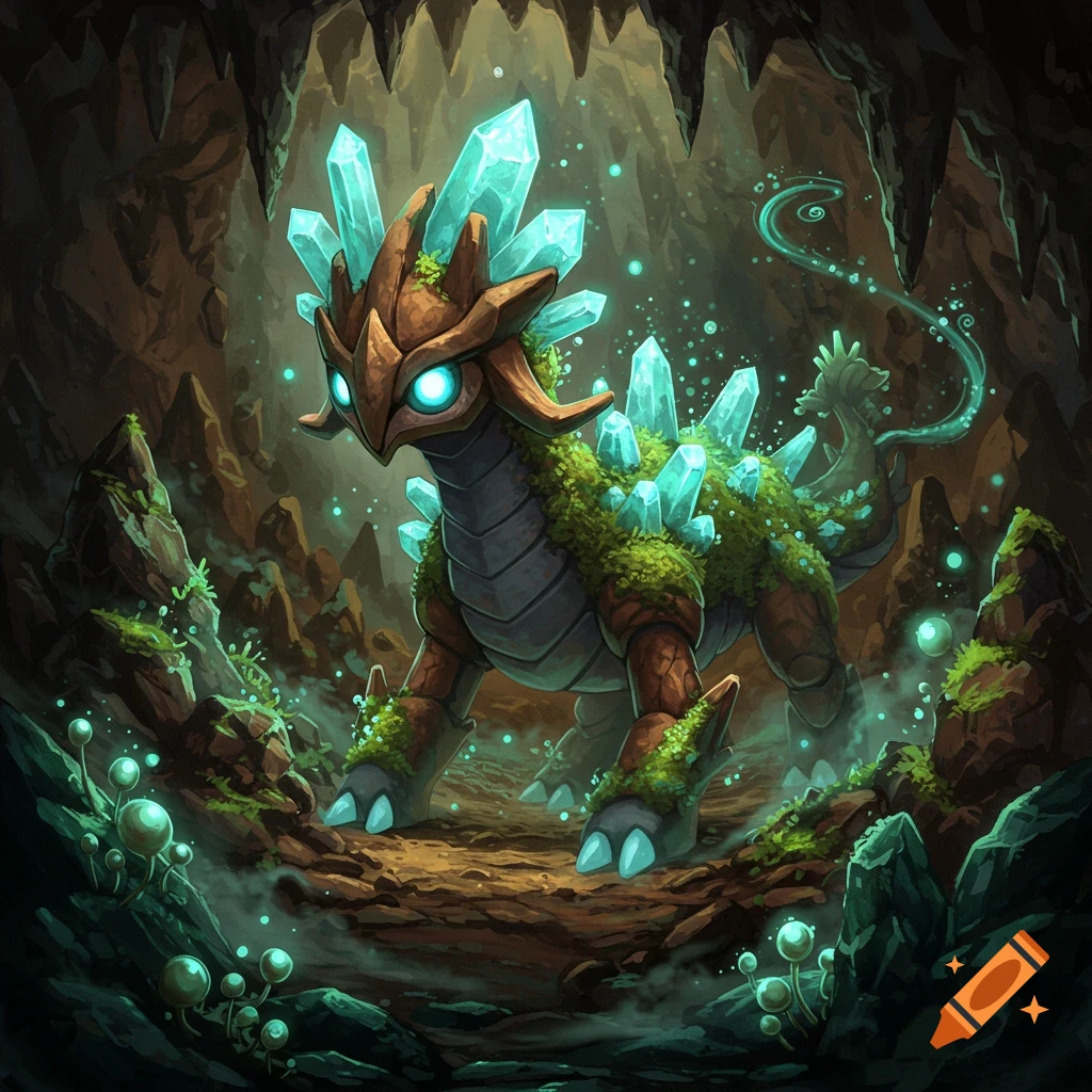 A mossy, crystal-spiked fantasy creature with glowing blue eyes stands in a dark, mystical cave among glowing mushrooms.