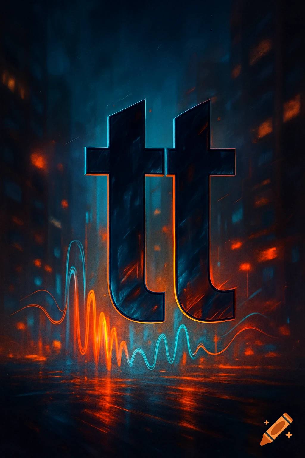 Stylized black letters 'tt' with blue and orange neon outlines, on a reflective surface against a dark, blurry city background with glowing lines.