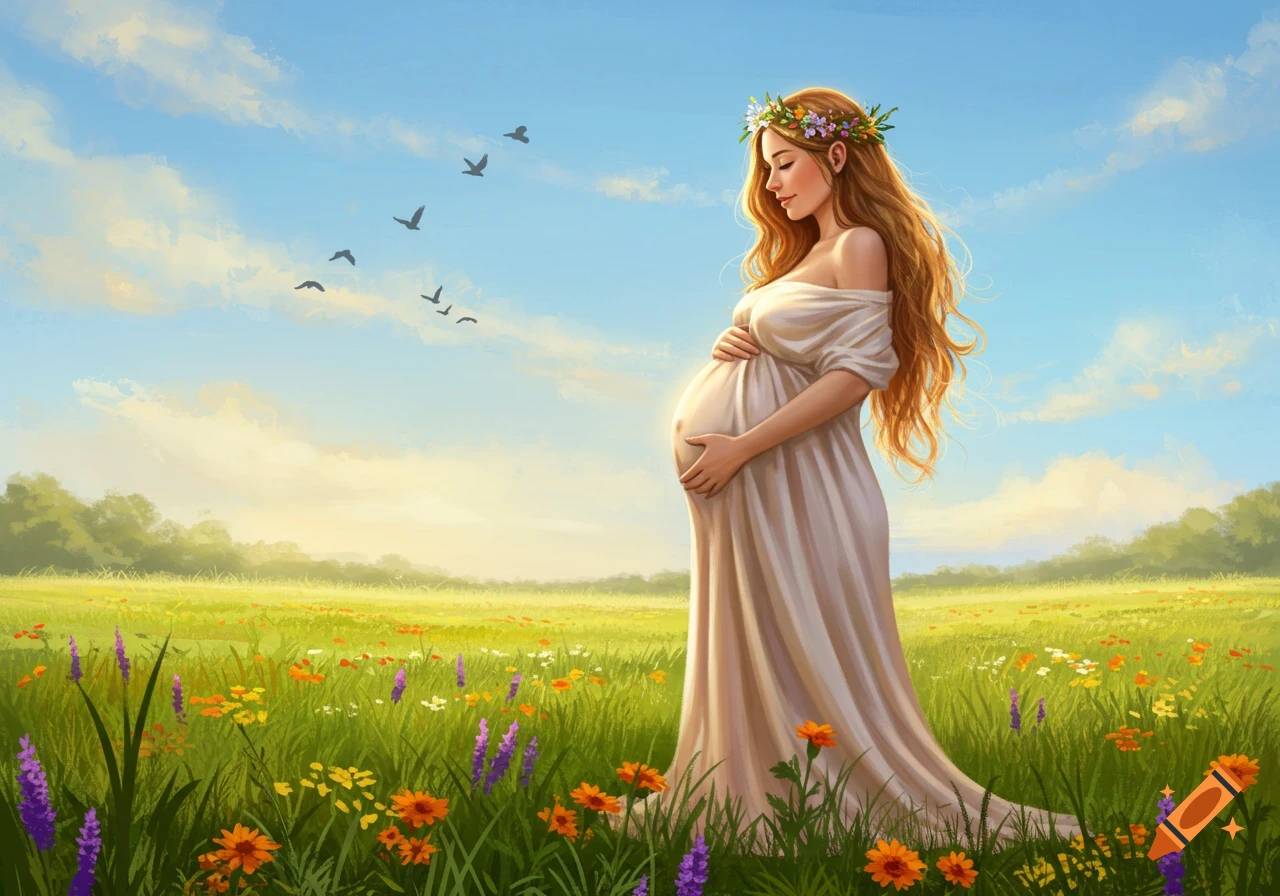 A beautiful pregnant woman with long red hair and a floral crown stands in a field of colorful wildflowers, bathed in warm sunlight.