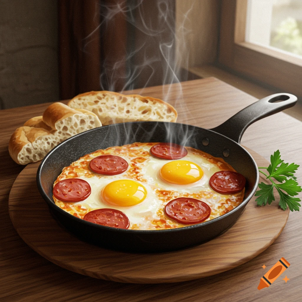 Photorealistic image of sucuklu yumurta (eggs with sucuk) in a frying pan, served with bread and parsley on a wooden table.