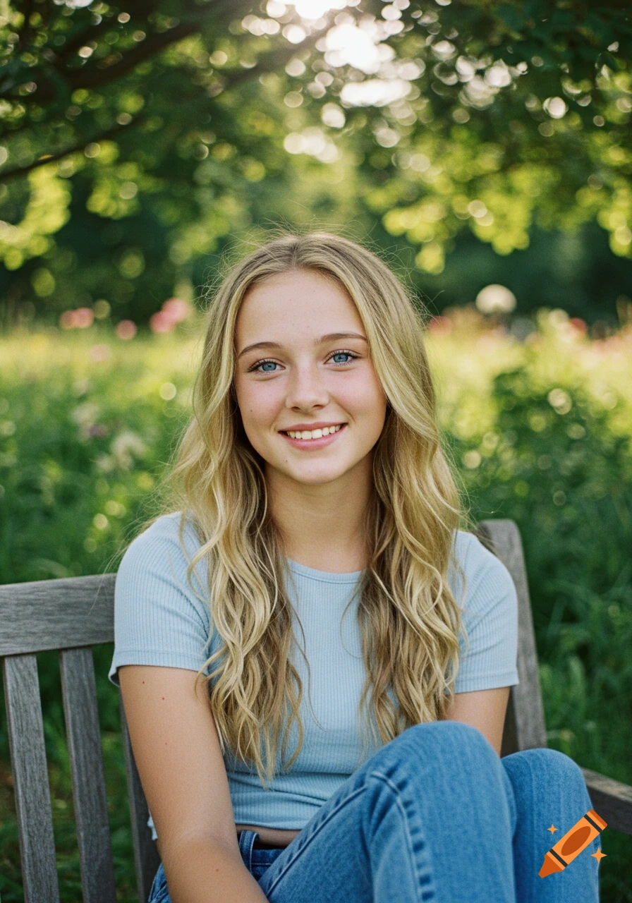 A smiling teenage girl with blonde hair and blue eyes sits on a wooden bench in a sunny outdoor setting.