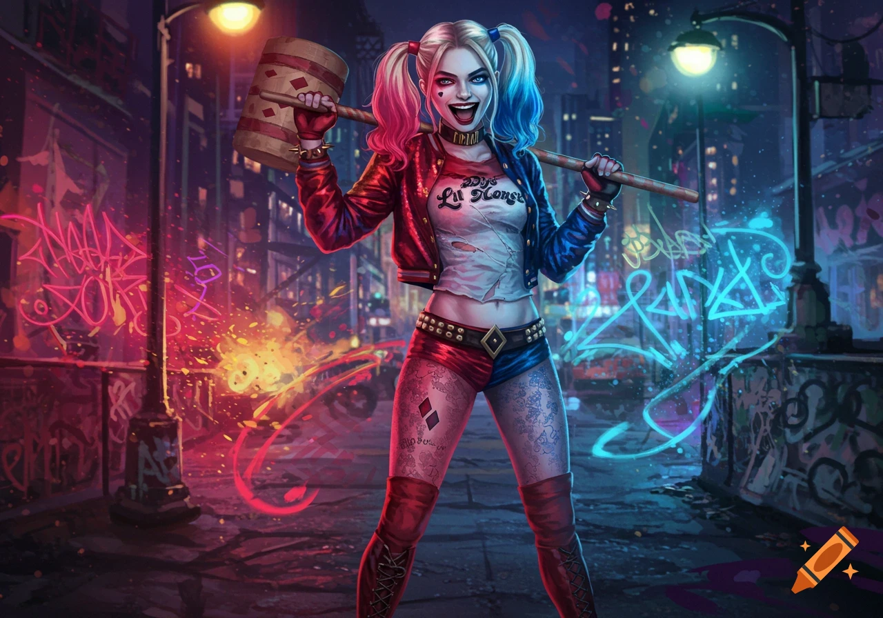 Harley Quinn with a mallet on a neon-lit city street, digital art.