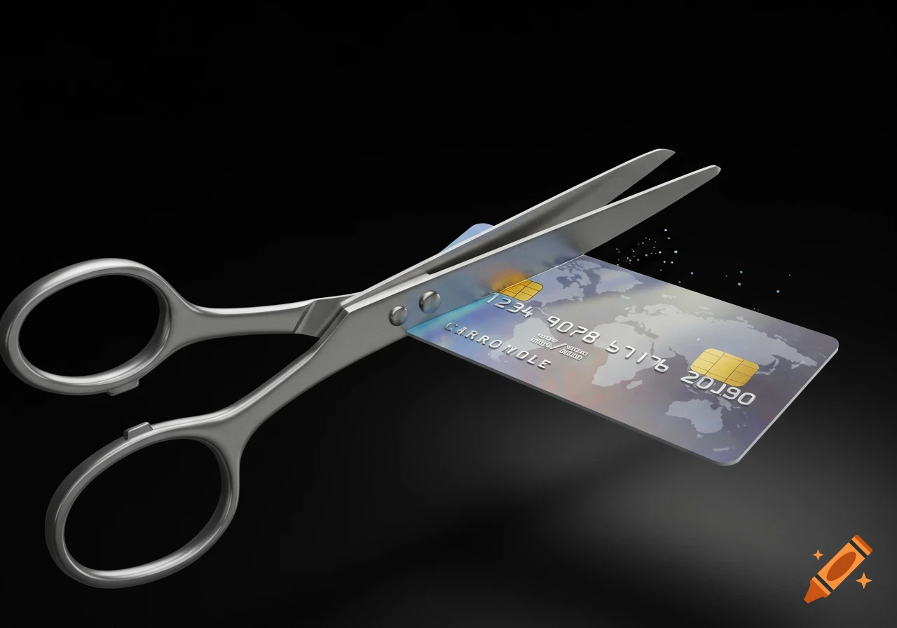 Scissors cutting a credit card in half against a dark background, photorealistic style.