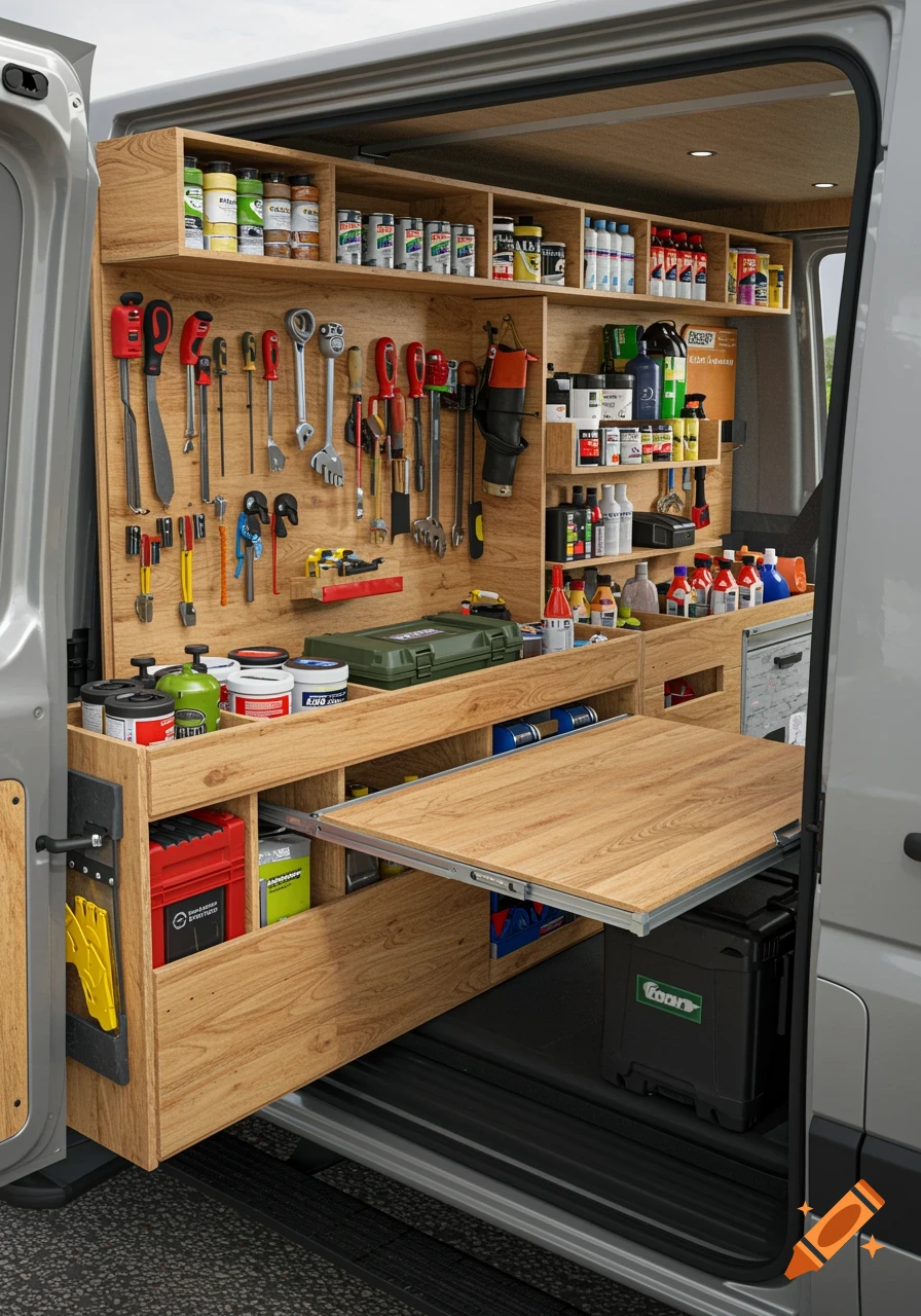 A highly organized wooden tool rack and storage system inside a van, featuring various tools, paints, and a pull-out table.