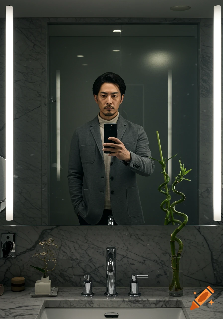 A man with a mustache and goatee takes a selfie in a reflective bathroom mirror, wearing a gray jacket and turtleneck.