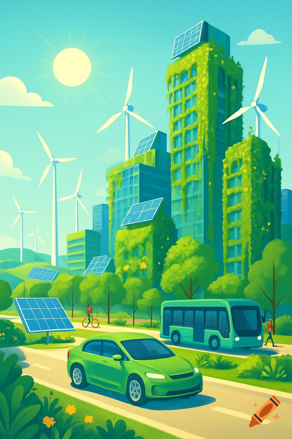 Vibrant illustration of a sustainable city with green buildings, wind turbines, solar panels, electric cars, and buses.