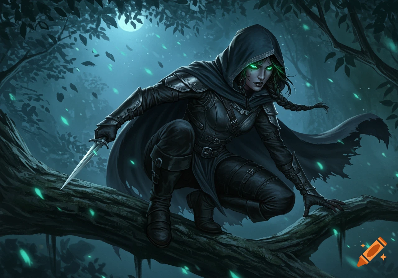 A female rogue with glowing green eyes, dressed in dark hooded armor, crouches on a tree branch in a moonlit forest, holding a dagger.