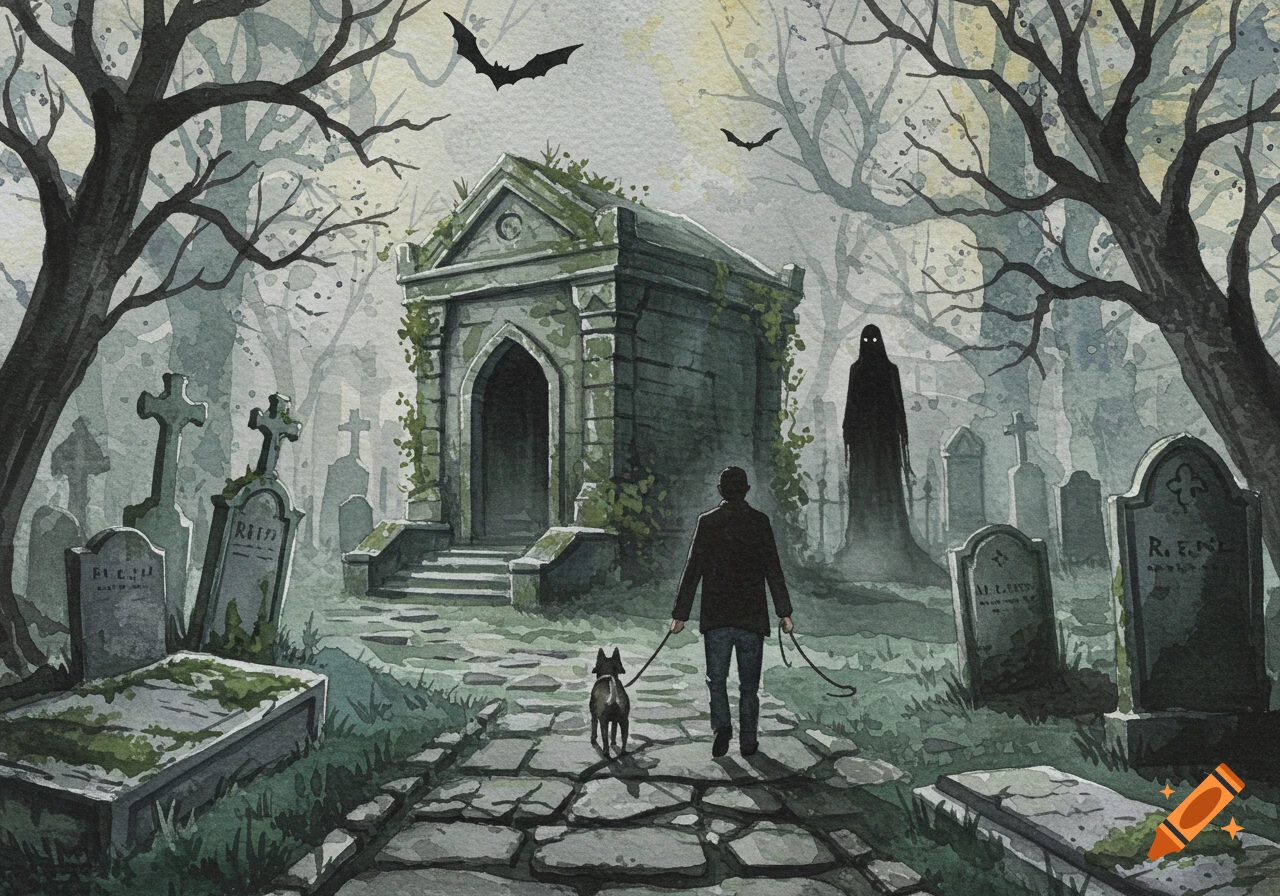 Watercolor painting of a man walking a dog past headstones and a mausoleum in a foggy cemetery, with a shadowy figure and bats.
