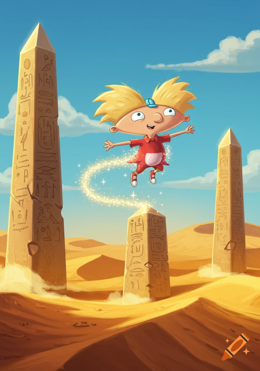Cartoon character Arnold from Hey Arnold! floats magically above three large obelisks in a desert landscape.