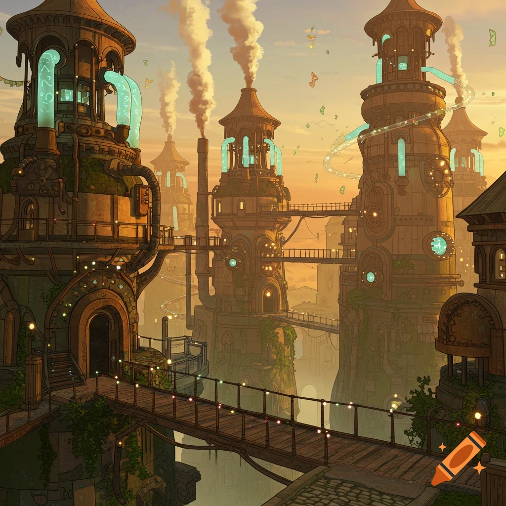 Steampunk fantasy city with towering buildings, glowing blue pipes, and skywalks at sunset.