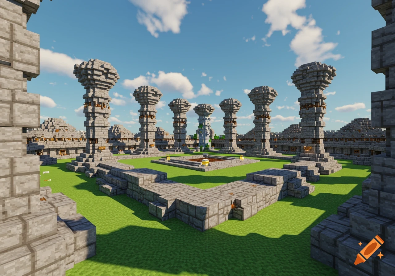 A Minecraft-style open-air fighting arena with tall stone columns, green grass, and block-built buildings under a blue sky.