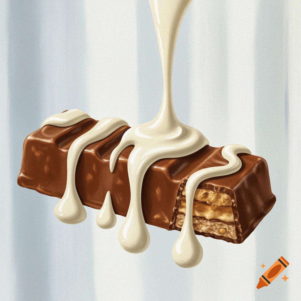 A chocolate bar with white cream being poured over it, some dripping. The bar is cut open, showing layers of wafer and filling.