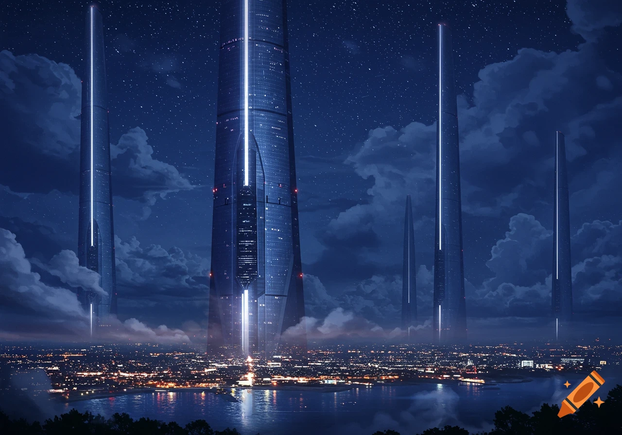 Futuristic cityscape at night with towering, illuminated skyscrapers piercing a starry, cloudy sky above a sparkling city.