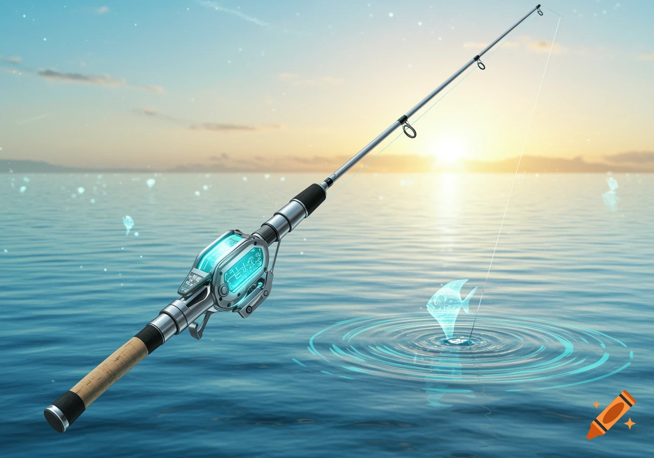 A futuristic fishing rod with a glowing blue screen casts a line into water with a holographic fish and ripples at sunset.