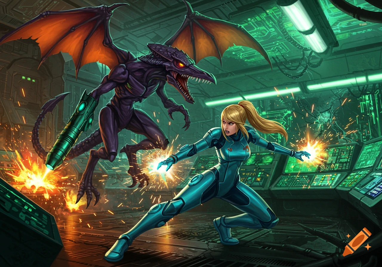A female character in a blue suit fights a large purple winged creature in a futuristic green-lit room with sparks flying.
