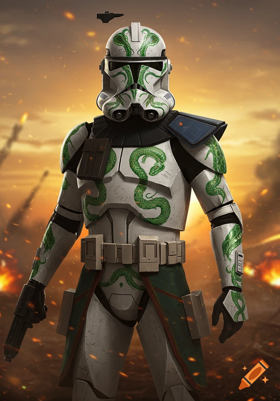 A clone trooper with green snake designs on white armor stands against a fiery, sunset battle background, holding a blaster.