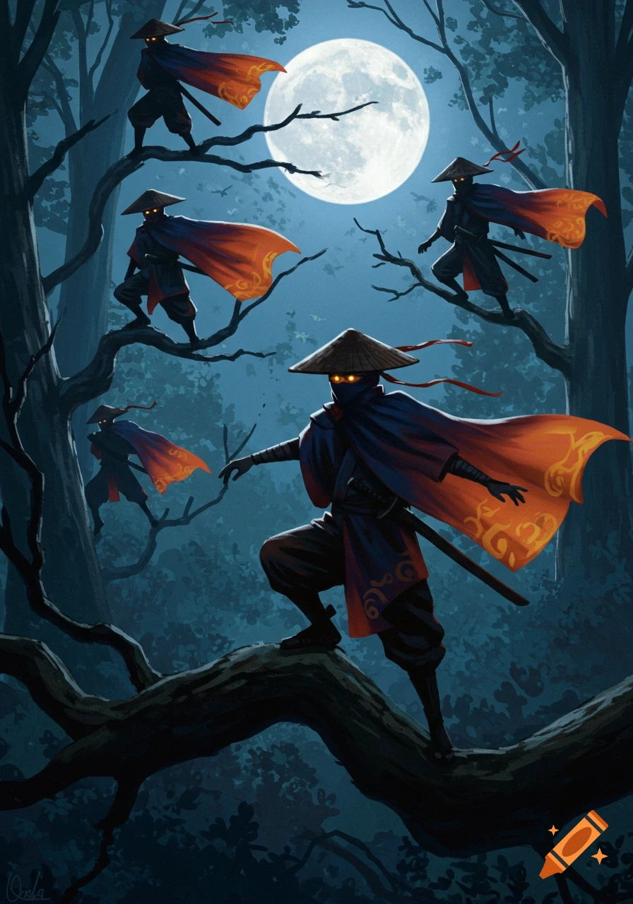 Stylized illustration of multiple ninjas with glowing eyes and flowing red capes, perched on dark tree branches under a bright full moon in a blue night forest.