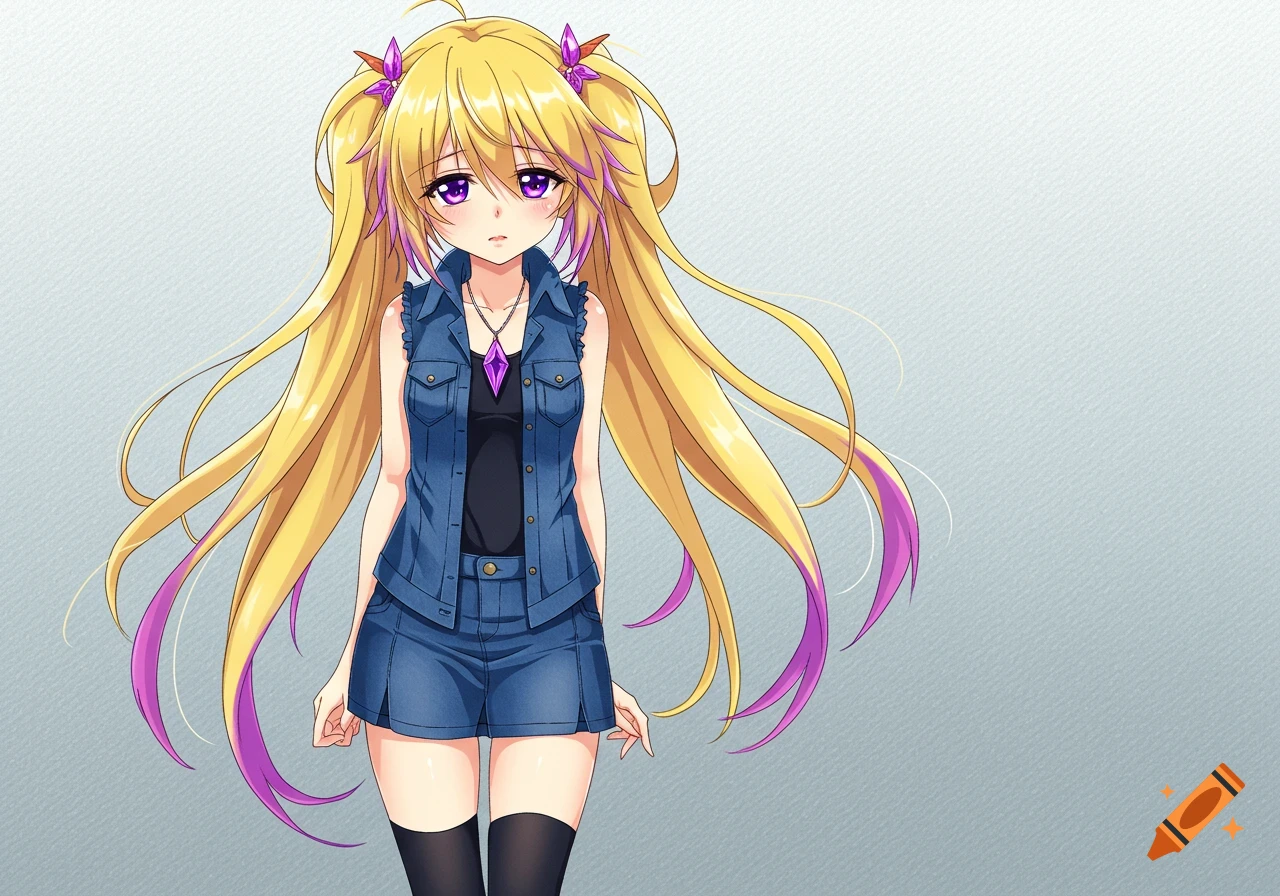 An anime girl with long blonde hair and purple streaks, wearing a denim vest, denim shorts, and black socks, staring straight ahead with a deadpan expression.