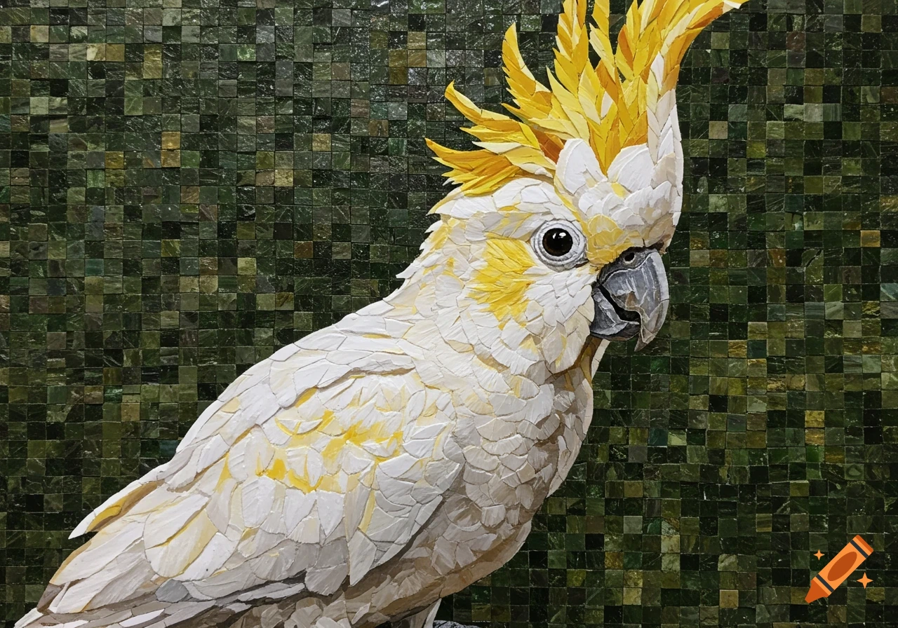 A white and yellow sulfur-crested cockatoo in a detailed mosaic style, set against a dark green tiled background.