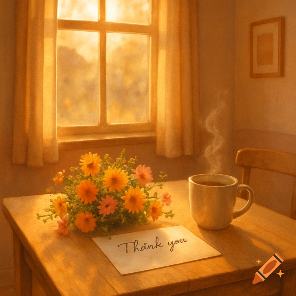 A bouquet of orange and pink flowers, a steaming cup, and a 'Thank you' note on a wooden table by a sunlit window.