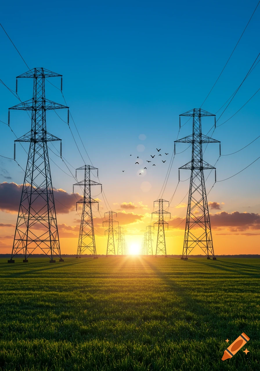 Silhouettes of power transmission towers and lines stretch across a green field at sunset under an orange and blue sky.