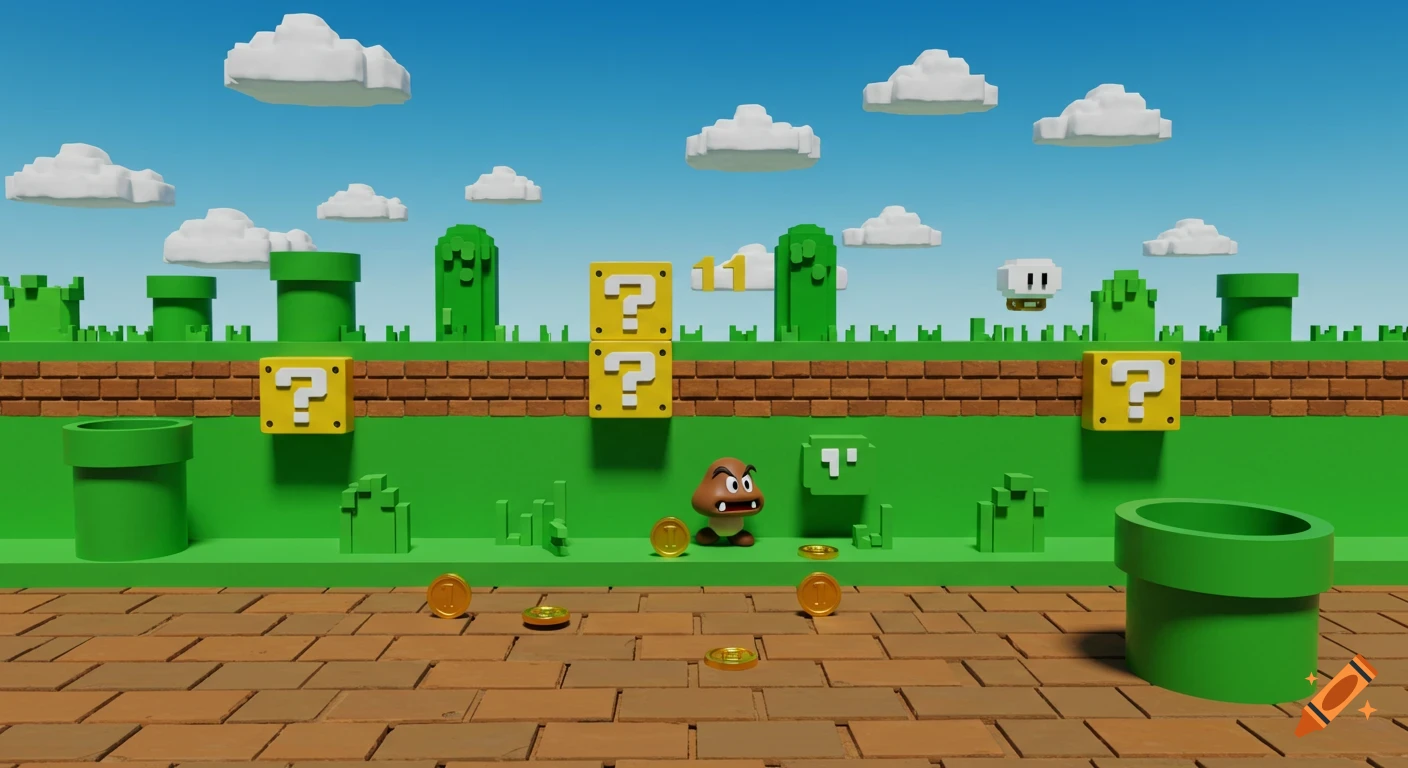 A 3D rendering of Super Mario Bros. World 1-1 featuring a Goomba, question blocks, coins, and warp pipes.