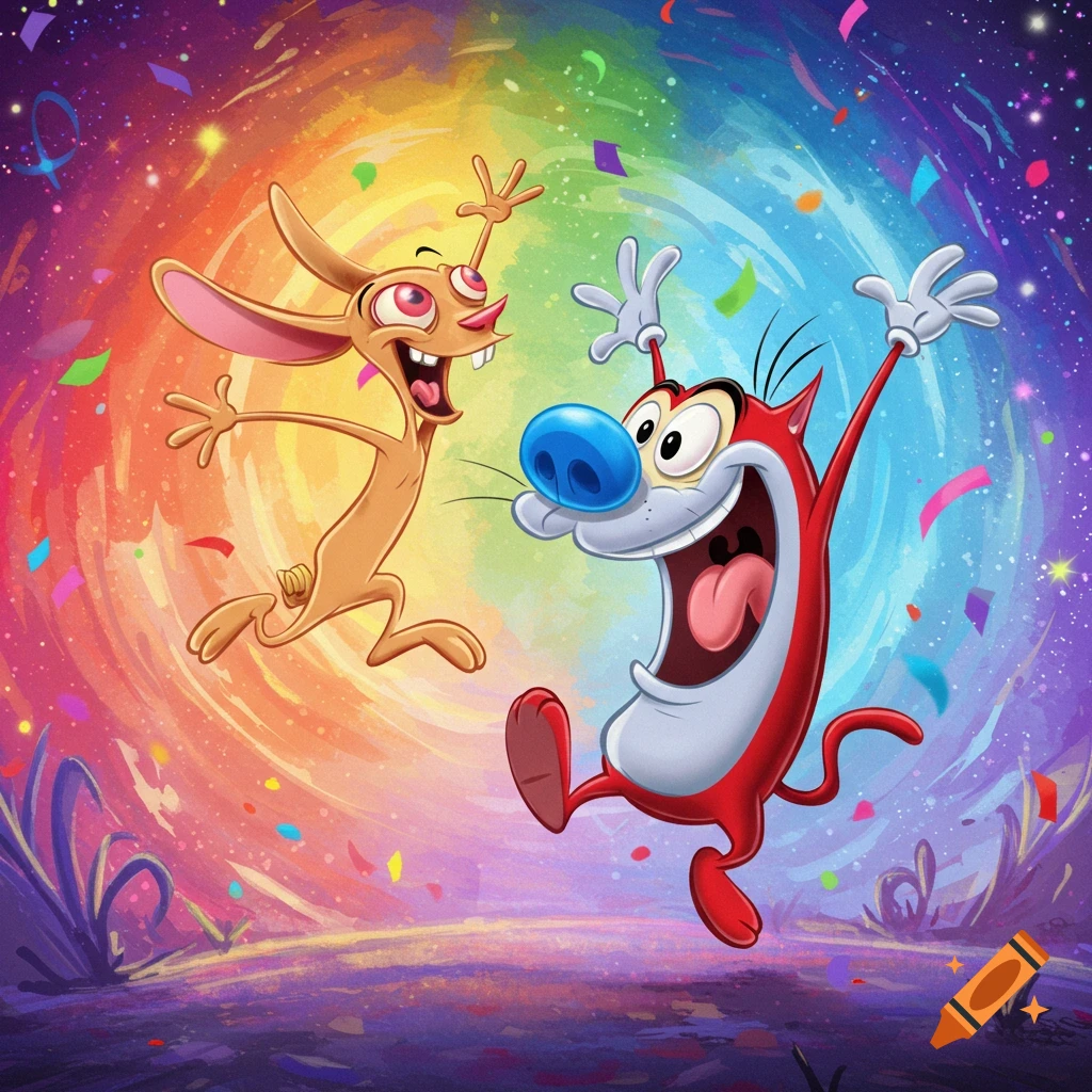 Ren and Stimpy cartoon characters joyfully jumping with confetti against a vibrant rainbow background.