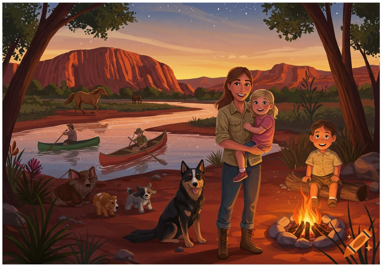 Illustration of a family camping with dogs in the Australian outback at sunset, featuring a campfire, river, canoes, and horses.