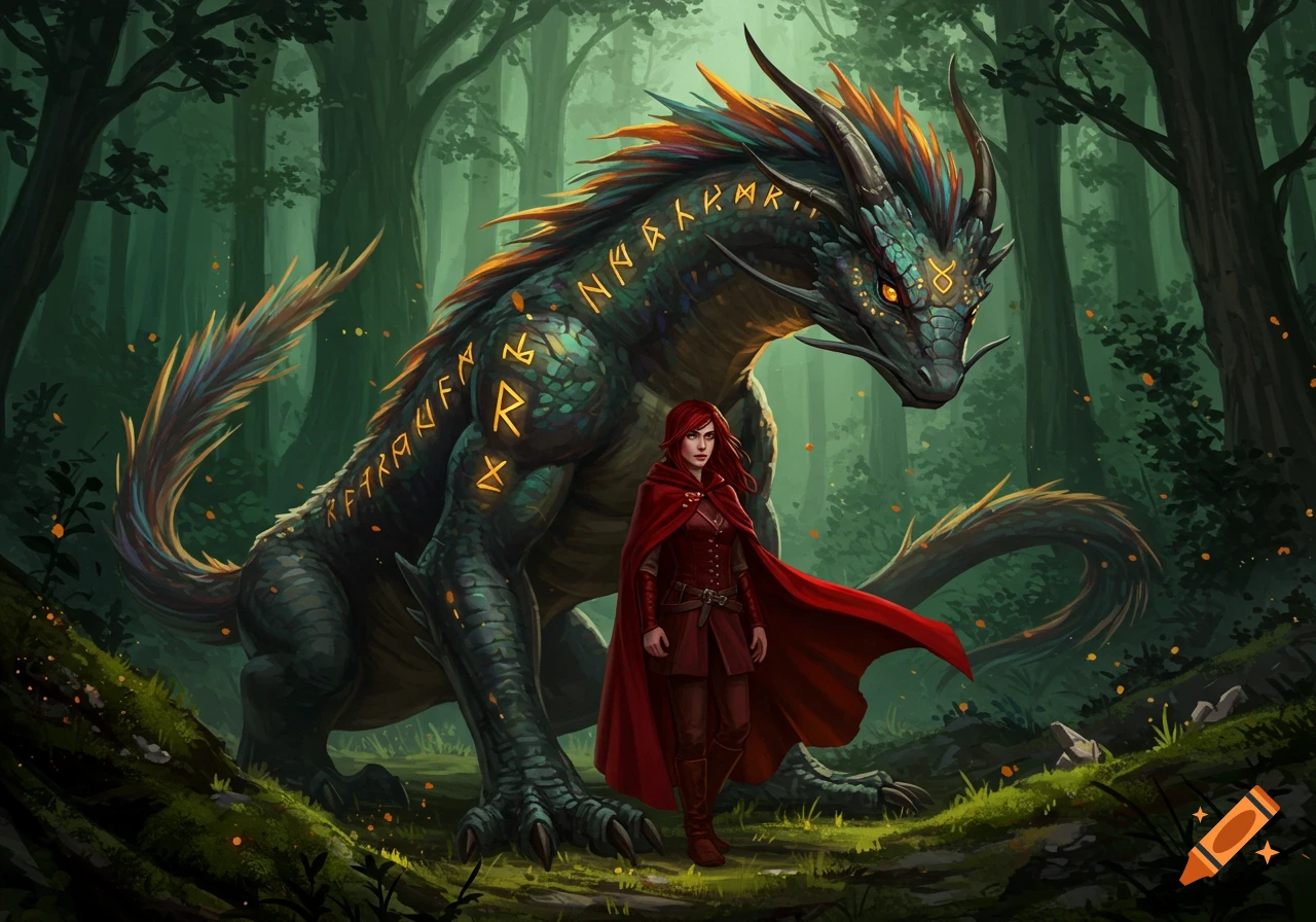A woman in a red cloak stands next to a large dark dragon covered in glowing runes in a forest.