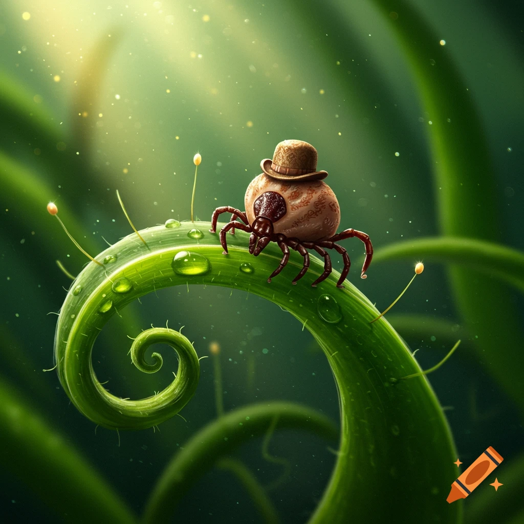 A whimsical tick in a brown top hat stands on a dew-covered, spiraling green plant stem with a soft green background.