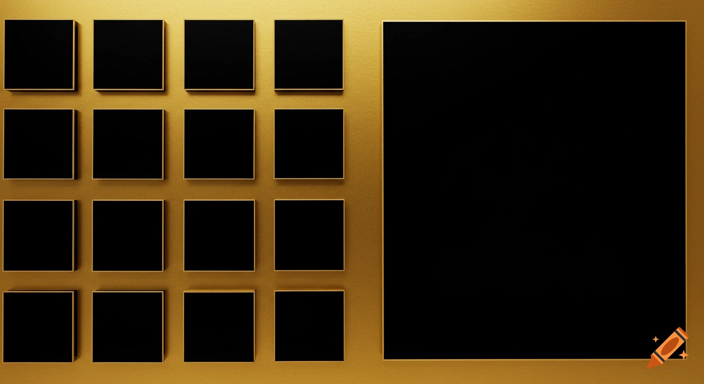 A golden background featuring a grid of twelve small black frames on the left and one large black frame on the right.
