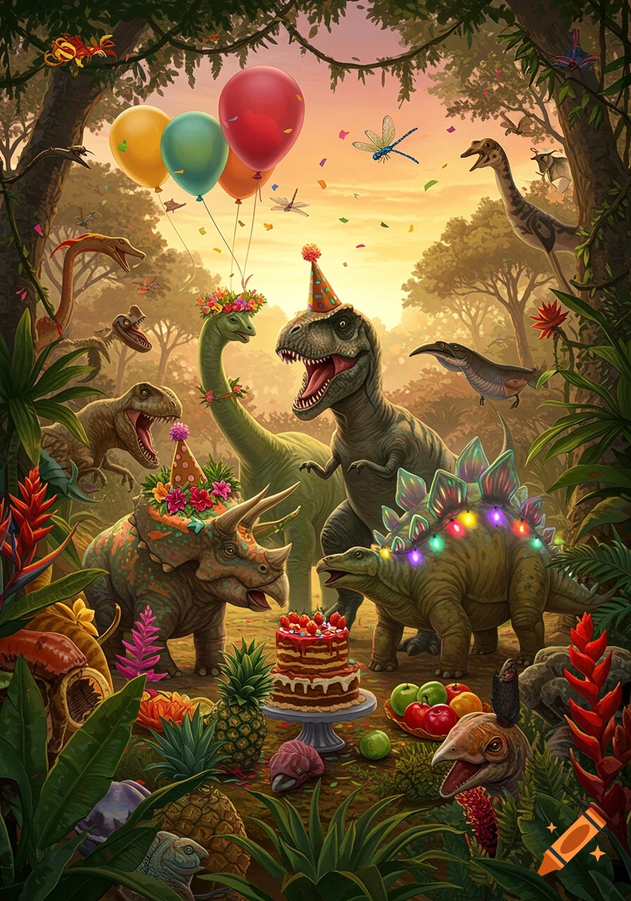Cute dinosaurs wearing party hats and flower crowns celebrating with a cake, balloons, and confetti in a lush jungle setting.