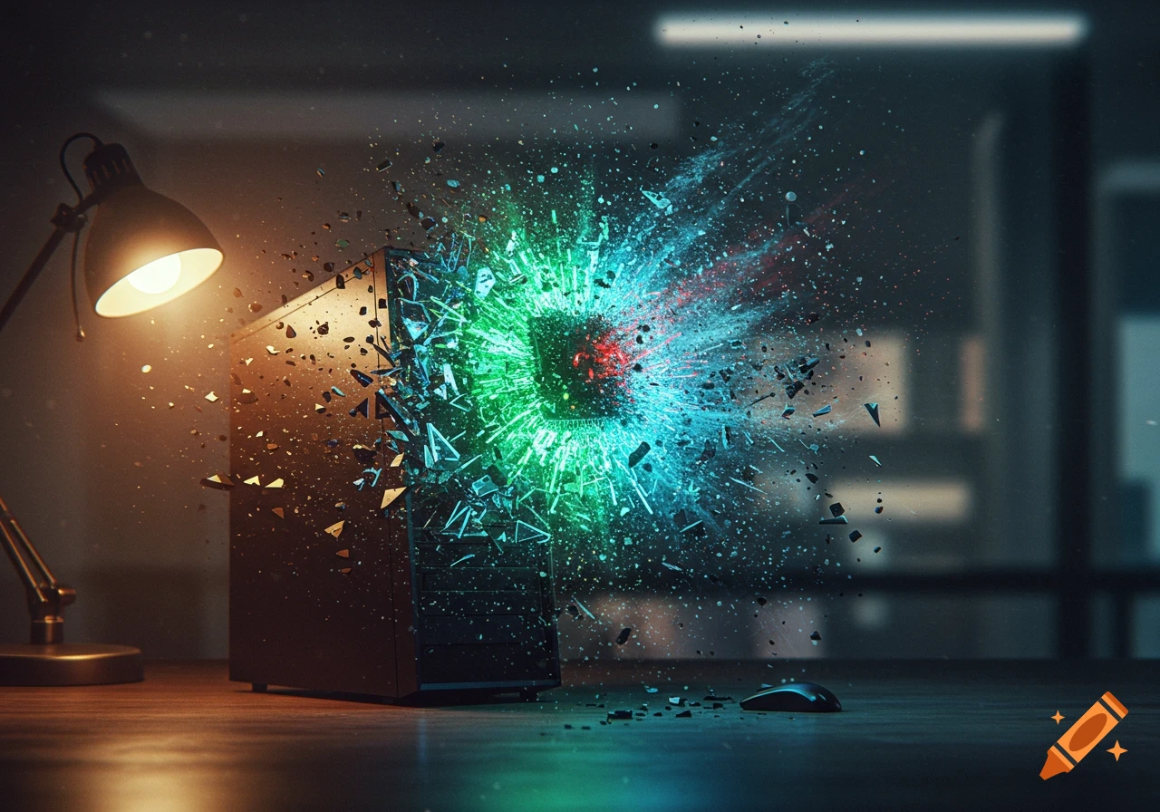 A desktop computer tower on a desk explodes in a bright green and blue light, scattering shards of debris.