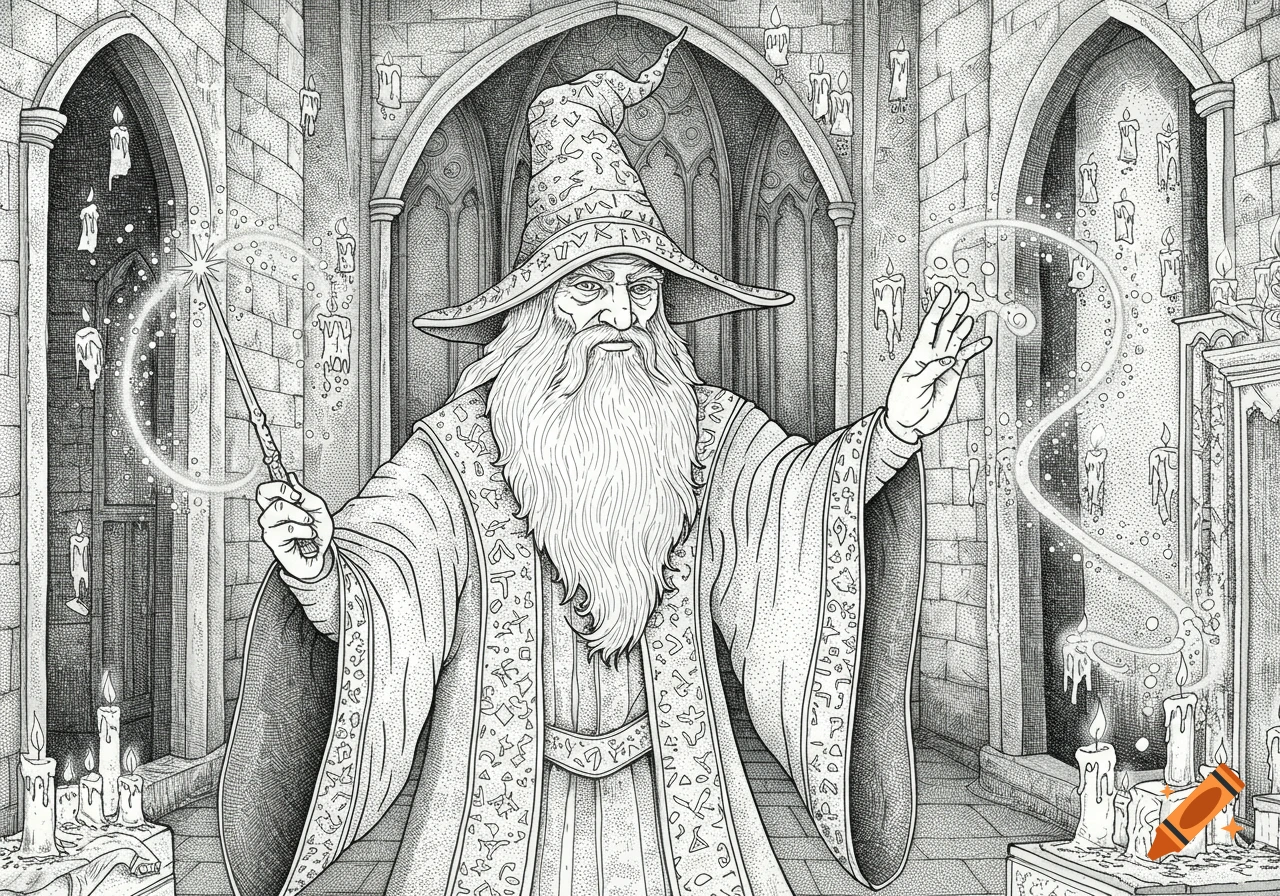 A detailed line drawing depicts an old wizard with a long beard and pointed hat, holding a wand and casting a spell in a stone castle hall with many lit candles.