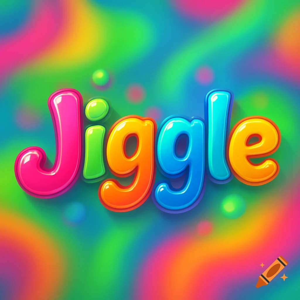 A colorful, glossy 3D word "Jiggle" on a vibrant, swirling background of pink, green, blue, and orange.