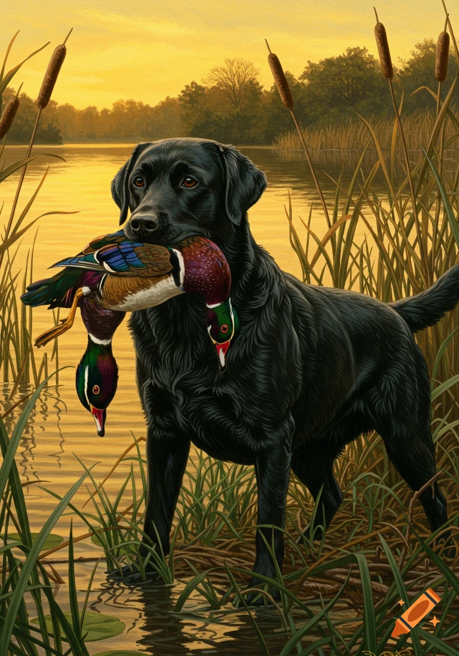 A black labrador retriever standing in a pond with reeds, holding two wood ducks in its mouth, painted in a realistic style.