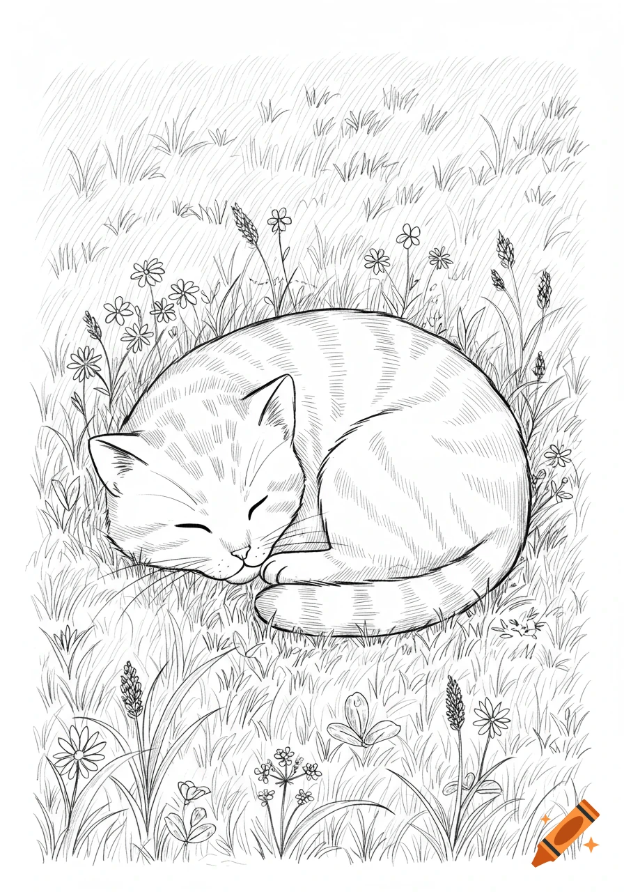 A cute tabby cat curled up sleeping in a field of grass and flowers, depicted as a line drawing.